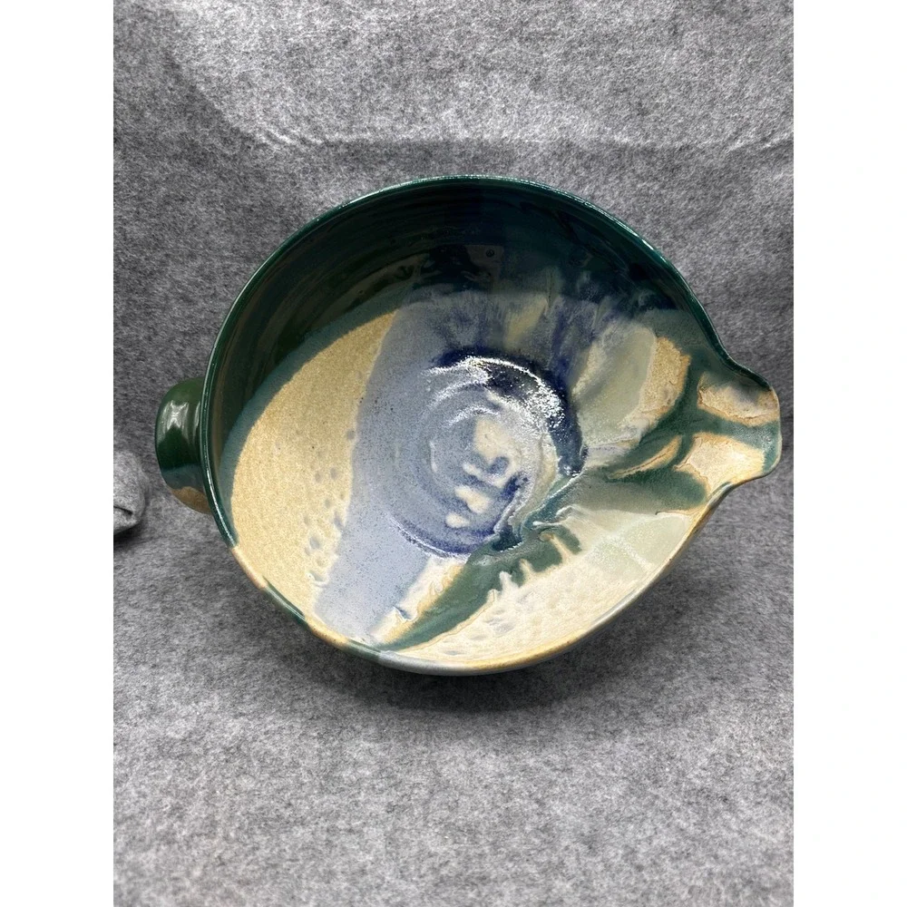 Handmade Studio Pottery Batter Bowl Green Blue Drip Glaze Signed Spout Handle